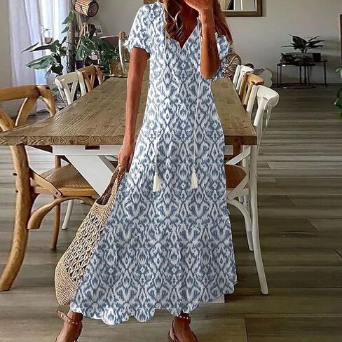 Womens Boho Maxi Dresses Summer Casual V Neck Ruffle Dress Loose Floral Maxi Dress Flowy Beach Vacation Dresses 2025 in Saudi Arabia