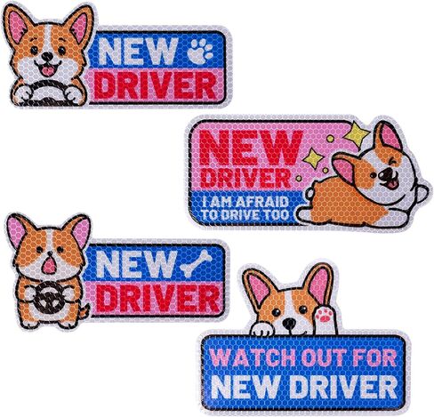 4pcs Funny Corgi New Driver Car Magnets, Cute Cartoon Dog Reflective Student Driver Signs Reusable Safety Warning Magnetic Bumper Stickers Car Decals for Beginner Novice Drivers Gifts in Saudi Arabia