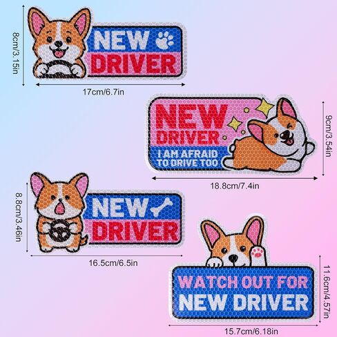 4pcs Funny Corgi New Driver Car Magnets, Cute Cartoon Dog Reflective Student Driver Signs Reusable Safety Warning Magnetic Bumper Stickers Car Decals for Beginner Novice Drivers Gifts in Saudi Arabia