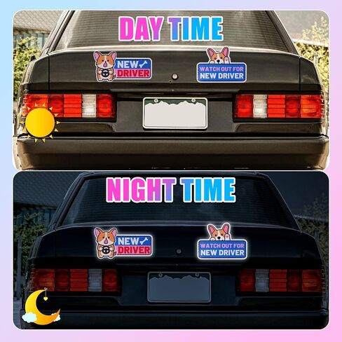 4pcs Funny Corgi New Driver Car Magnets, Cute Cartoon Dog Reflective Student Driver Signs Reusable Safety Warning Magnetic Bumper Stickers Car Decals for Beginner Novice Drivers Gifts in Saudi Arabia