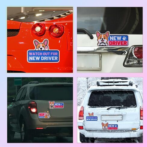 4pcs Funny Corgi New Driver Car Magnets, Cute Cartoon Dog Reflective Student Driver Signs Reusable Safety Warning Magnetic Bumper Stickers Car Decals for Beginner Novice Drivers Gifts in Saudi Arabia