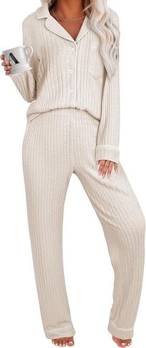 anrabess women pajama lounge مجموعات 2025 خريف 2 قطعة ملابس مضلعة طويلة الأكمام مطابقة in Kuwait
