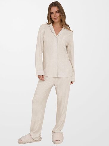 anrabess women pajama lounge مجموعات 2025 خريف 2 قطعة ملابس مضلعة طويلة الأكمام مطابقة in Kuwait