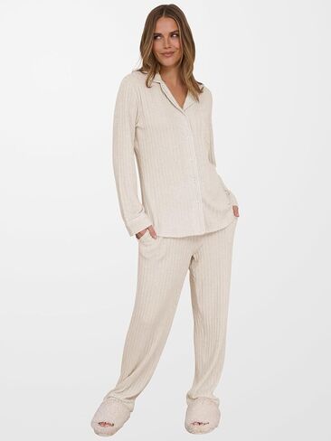 anrabess women pajama lounge مجموعات 2025 خريف 2 قطعة ملابس مضلعة طويلة الأكمام مطابقة in Kuwait