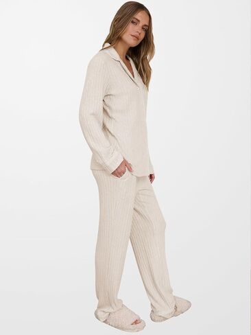 anrabess women pajama lounge مجموعات 2025 خريف 2 قطعة ملابس مضلعة طويلة الأكمام مطابقة in Kuwait