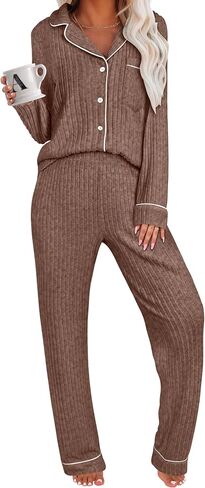 anrabess women pajama lounge مجموعات 2025 خريف 2 قطعة ملابس مضلعة طويلة الأكمام مطابقة in Kuwait