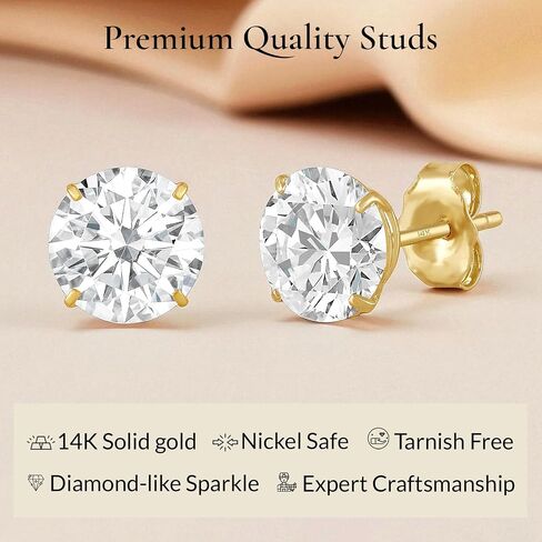 14K Gold Solitaire Round Zirconia Zirconia CZ Stud أقراط للنساء والرجال مع ظهور الفراشة الذهب 14K | 4mm-8mm مع صندوق الهدايا in Kuwait