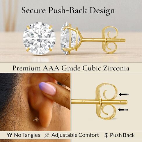 14K Gold Solitaire Round Zirconia Zirconia CZ Stud أقراط للنساء والرجال مع ظهور الفراشة الذهب 14K | 4mm-8mm مع صندوق الهدايا in Kuwait