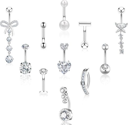 11 Pcs Gold Plated Silver Belly Button Ring Dangle Hypoallergenic Surgical Stainless Steel Belly Rings for Women CZ Floating Clicker Heart Butterfly Pearl Bow Navel Piercing Jewelry Dangly Navel Ring in Saudi Arabia