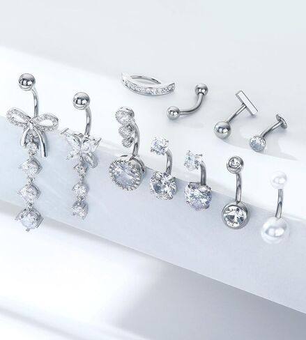 11 Pcs Gold Plated Silver Belly Button Ring Dangle Hypoallergenic Surgical Stainless Steel Belly Rings for Women CZ Floating Clicker Heart Butterfly Pearl Bow Navel Piercing Jewelry Dangly Navel Ring in Saudi Arabia