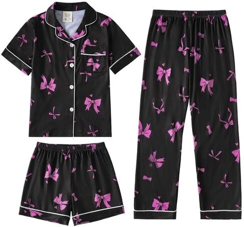 Myfav Girls Pajama يضبط زر 3pcs أسفل شورت قصير الأكمام وسروال طويل مع أنماط لطيفة sleepwearyy للمراهقين in Saudi Arabia
