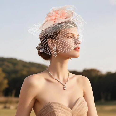 7pcs fascinators for Women ، 20s 50s Tea Party Hats for Women ، قبعات حفلة شاي شاي اللؤلؤة الريشة والمجوهرات in Saudi Arabia