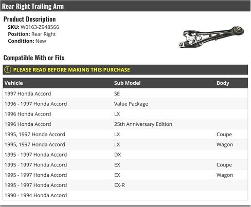 Rear Right Passenger Side Trailing Arm - Compatible with 1990-1997 Honda Accord in Saudi Arabia