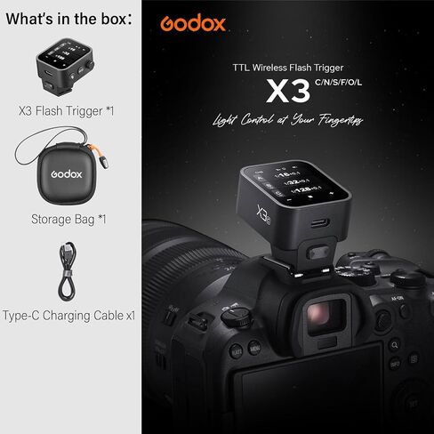 Godox X3 X3C Flash Trigger for Canon, Touchscreen interface & local controls, Built-in Type-C Charging Battrery TTL HSS 2.4G Wireless Speedlite Trigger kit with Storage Bag for indoor outdoor shooting in Saudi Arabia