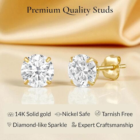 14K Gold Solitaire Round Zirconia Zirconia CZ Stud أقراط للنساء والرجال مع ظهور الفراشة الذهب 14K | 4mm-8mm مع صندوق الهدايا in Kuwait