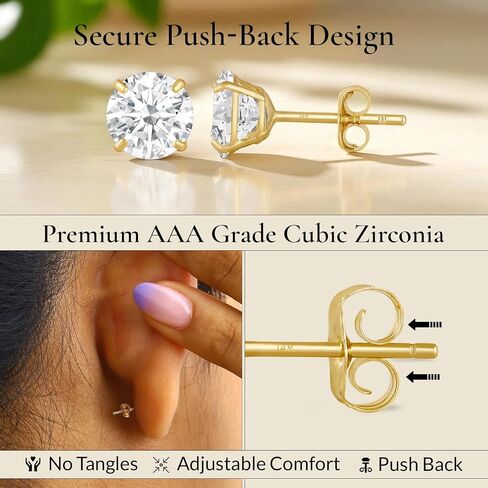 14K Gold Solitaire Round Zirconia Zirconia CZ Stud أقراط للنساء والرجال مع ظهور الفراشة الذهب 14K | 4mm-8mm مع صندوق الهدايا in Kuwait