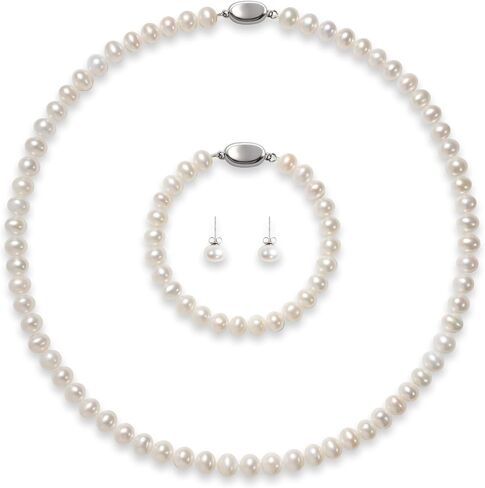 قلادة لؤلؤة المياه العذبة للنساء - 7-8 ملم AAA REAL REAL JEWELRY مجموعة قلادة ، سوار ، أقراط ، مثالية لحفل الزفاف ، الحفلات ، الذكرى السنوية in Saudi Arabia