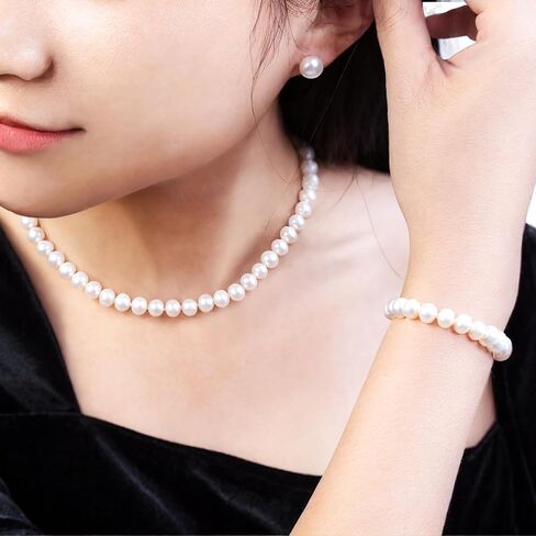 قلادة لؤلؤة المياه العذبة للنساء - 7-8 ملم AAA REAL REAL JEWELRY مجموعة قلادة ، سوار ، أقراط ، مثالية لحفل الزفاف ، الحفلات ، الذكرى السنوية in Saudi Arabia