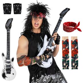 Morph 80s Accessories for Mens Rockstar Costume 80s Rocker Wig Tattoo Sleeve Gloves Headscarves Halloween Mens Rocker Costume in Kuwait