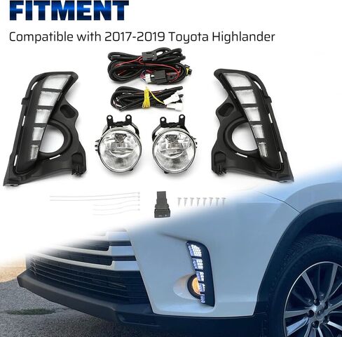 HECASA Front Daytime Running Lights & Fog Lights Pair Replacement Compatible with 2017-2019 Toyota Highlander W/Wiring Harness LED DRL Lamps Halogen Fog Lamps Turn Signal Lamps Assembly Kit in Saudi Arabia