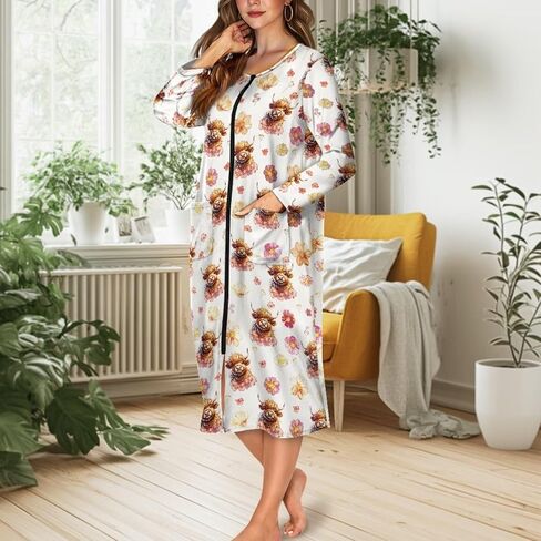 Women Zip Up Robe Nightgowns Comfy Housecoats Long Sleeve Bathrobe with 2 Pockets Breathable Sleepwear, S-4XL in Saudi Arabia
