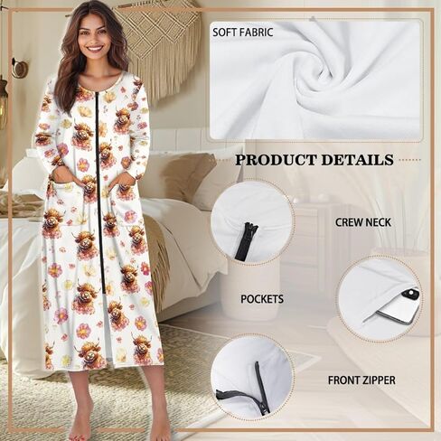 Women Zip Up Robe Nightgowns Comfy Housecoats Long Sleeve Bathrobe with 2 Pockets Breathable Sleepwear, S-4XL in Saudi Arabia
