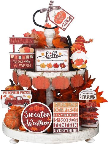 Amyhill 13 Pcs Fall Thanksgiving Tiered Tray Decor Set Pumpkin Maple Gnome Wooden Signs Hello Fall Table Centerpieces Farmhouse Tabletop Decorations for Home Autumn Harvest Shelf Table in Saudi Arabia