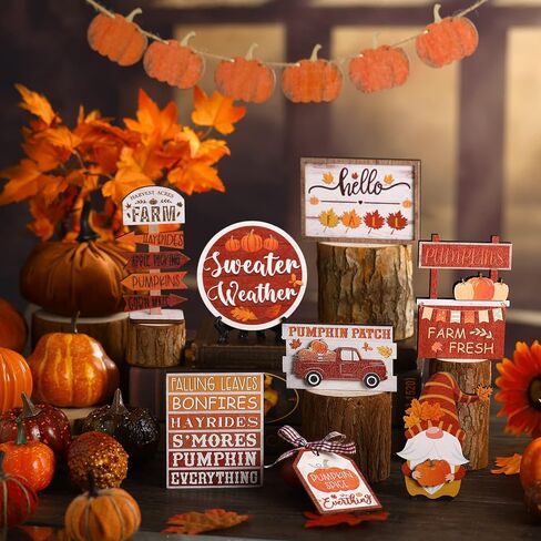 Amyhill 13 Pcs Fall Thanksgiving Tiered Tray Decor Set Pumpkin Maple Gnome Wooden Signs Hello Fall Table Centerpieces Farmhouse Tabletop Decorations for Home Autumn Harvest Shelf Table in Saudi Arabia