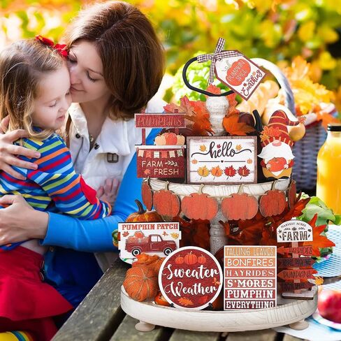 Amyhill 13 Pcs Fall Thanksgiving Tiered Tray Decor Set Pumpkin Maple Gnome Wooden Signs Hello Fall Table Centerpieces Farmhouse Tabletop Decorations for Home Autumn Harvest Shelf Table in Saudi Arabia