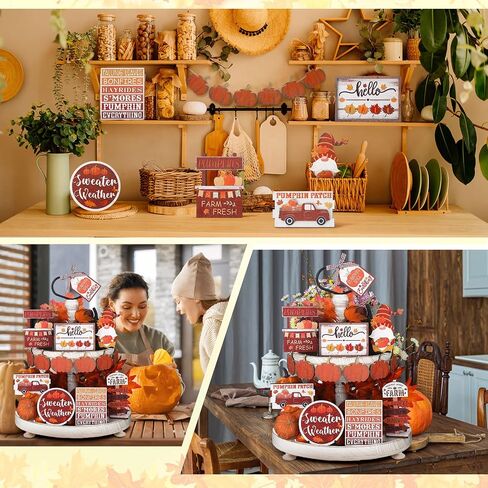 Amyhill 13 Pcs Fall Thanksgiving Tiered Tray Decor Set Pumpkin Maple Gnome Wooden Signs Hello Fall Table Centerpieces Farmhouse Tabletop Decorations for Home Autumn Harvest Shelf Table in Saudi Arabia