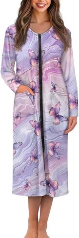 Women Zip Up Robe Nightgowns Comfy Housecoats Long Sleeve Bathrobe with 2 Pockets Breathable Sleepwear, S-4XL in Saudi Arabia