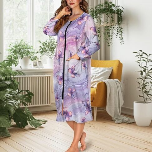 Women Zip Up Robe Nightgowns Comfy Housecoats Long Sleeve Bathrobe with 2 Pockets Breathable Sleepwear, S-4XL in Saudi Arabia