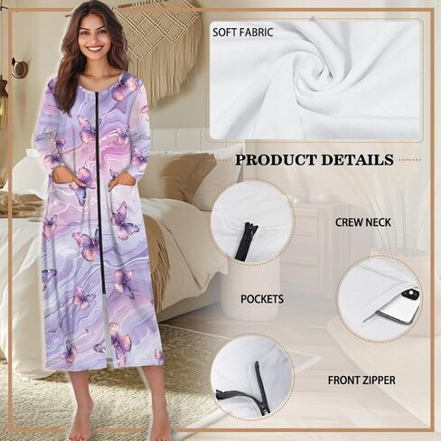 Women Zip Up Robe Nightgowns Comfy Housecoats Long Sleeve Bathrobe with 2 Pockets Breathable Sleepwear, S-4XL in Saudi Arabia
