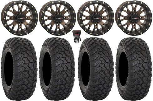 Bundle - 9 Items: System 3 ST-3 Bronze 14" Wheels 28" RT320 Tires [4x110 Bolt Pattern 12mmx1.25 Lug Kit] in Saudi Arabia