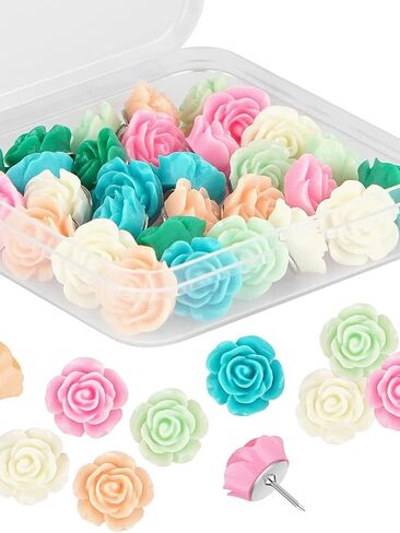 30Pcs Rose Flower Push Pins for Cork Board, Cute Decorative Thumb Tacks with Case, 8 Colorful Flower Pushpins for Bulletin Board, Office and Home Decor in Saudi Arabia