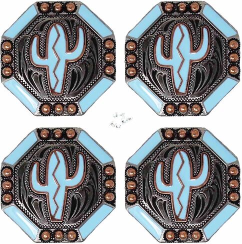 CHALLENGER 1-1/4" Set of 4 Engraved Turquoise Cactus Tack Belt Bag Jewelry Conchos Co631 in Saudi Arabia