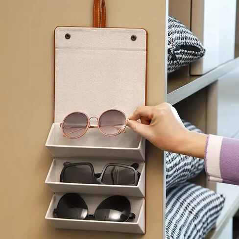 Foldable Travel Sunglasses Organizer Case with 3 Slots, PU Leather Eyeglass Storage for Multiple Glasses and Accessories (Brown) in Saudi Arabia