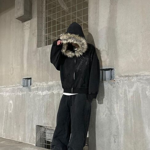 Richtrue Therian Fur Hood Jacket Y2K Goth zip Up Hoodie Grosshirt Emo Grunge Streetwear Fall Winter 2025 in Kuwait