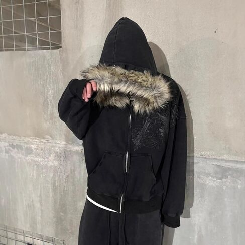 Richtrue Therian Fur Hood Jacket Y2K Goth zip Up Hoodie Grosshirt Emo Grunge Streetwear Fall Winter 2025 in Kuwait