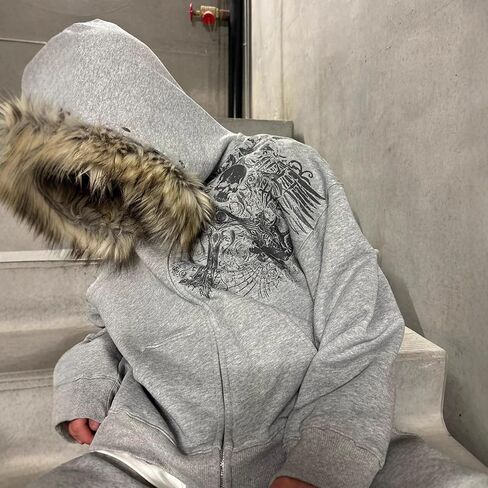 Richtrue Therian Fur Hood Jacket Y2K Goth zip Up Hoodie Grosshirt Emo Grunge Streetwear Fall Winter 2025 in Kuwait