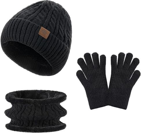 Tavaleu Kids Winter Beanie Hat Scarf Touchscreen Gloves Set for Boys Girls 8-15 Years Warm Skull Cap Fleece Lined Knitted Hat Dark Black in Kuwait