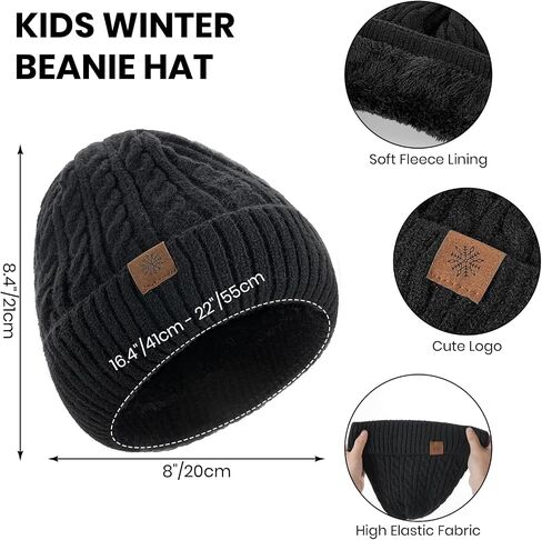 Tavaleu Kids Winter Beanie Hat Scarf Touchscreen Gloves Set for Boys Girls 8-15 Years Warm Skull Cap Fleece Lined Knitted Hat Dark Black in Kuwait