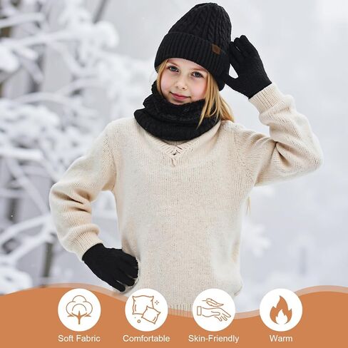 Tavaleu Kids Winter Beanie Hat Scarf Touchscreen Gloves Set for Boys Girls 8-15 Years Warm Skull Cap Fleece Lined Knitted Hat Dark Black in Kuwait
