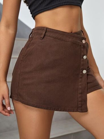 Women's High Waisted Denim Skort Asymmetrical Hem Button Front Shorts in Saudi Arabia