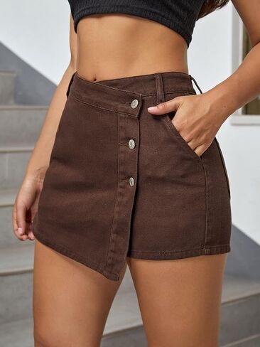 Women's High Waisted Denim Skort Asymmetrical Hem Button Front Shorts in Saudi Arabia
