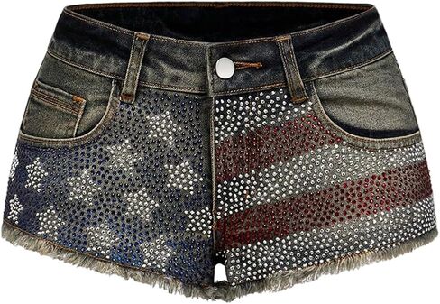 MakeMeChic Women's 4th of July Denim Shorts Sequin Sparkly Low Waist Raw Hem Cowgirl Jorts in Saudi Arabia