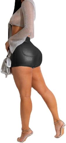 Women Metallic Faux Leather Shorts, Sexy High Waisted Stretch PU Shorts in Saudi Arabia