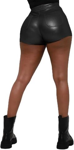 Women Metallic Faux Leather Shorts, Sexy High Waisted Stretch PU Shorts in Saudi Arabia
