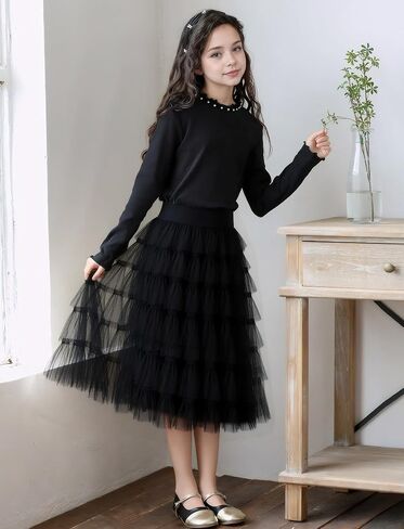 Happy Cherry Long Tulle Skirts for Girls Ruffle Tiered Maxi Tutu Kids Layered Pleated Mesh A Line Petticoat Skirt 5-14T in Saudi Arabia