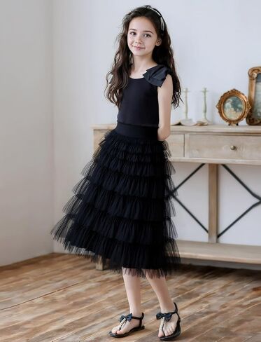 Happy Cherry Long Tulle Skirts for Girls Ruffle Tiered Maxi Tutu Kids Layered Pleated Mesh A Line Petticoat Skirt 5-14T in Saudi Arabia